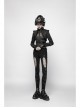 Black Dark Print Woven Frill Collar Front Chest Strap Metal Buckle Belt Black Punk Short Coat