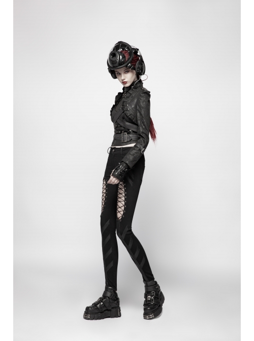Black Dark Print Woven Frill Collar Front Chest Strap Metal Buckle Belt Black Punk Short Coat