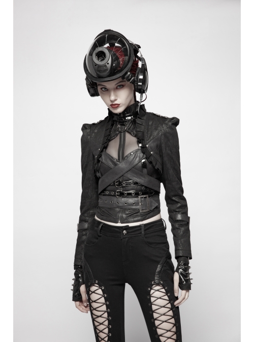 Black Dark Print Woven Frill Collar Front Chest Strap Metal Buckle Belt Black Punk Short Coat