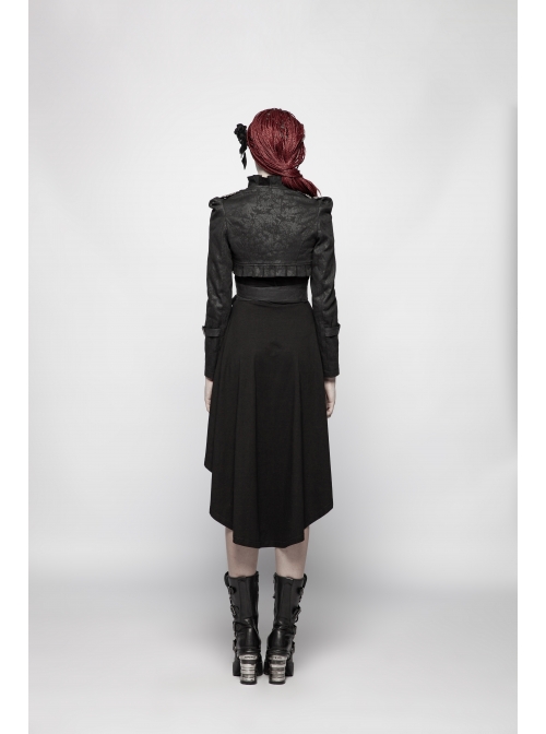 Black Dark Print Woven Frill Collar Front Chest Strap Metal Buckle Belt Black Punk Short Coat