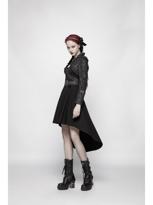 Black Dark Print Woven Frill Collar Front Chest Strap Metal Buckle Belt Black Punk Short Coat