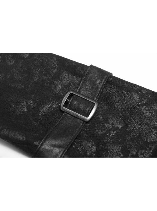 Black Dark Print Woven Frill Collar Front Chest Strap Metal Buckle Belt Black Punk Short Coat