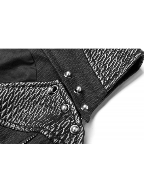 High Collar Front Chest Hollow-Out Barbell Nails Side Metal Buckle Strap Black Punk Vest
