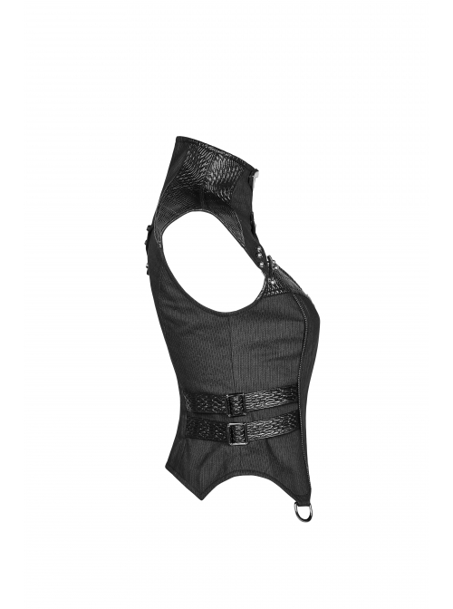 High Collar Front Chest Hollow-Out Barbell Nails Side Metal Buckle Strap Black Punk Vest