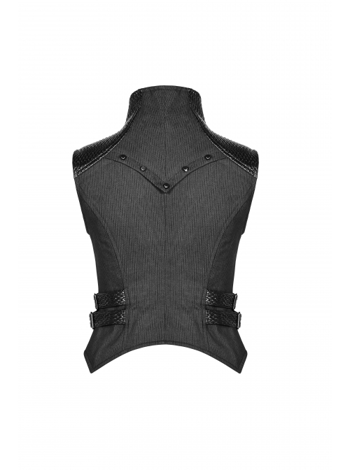 High Collar Front Chest Hollow-Out Barbell Nails Side Metal Buckle Strap Black Punk Vest