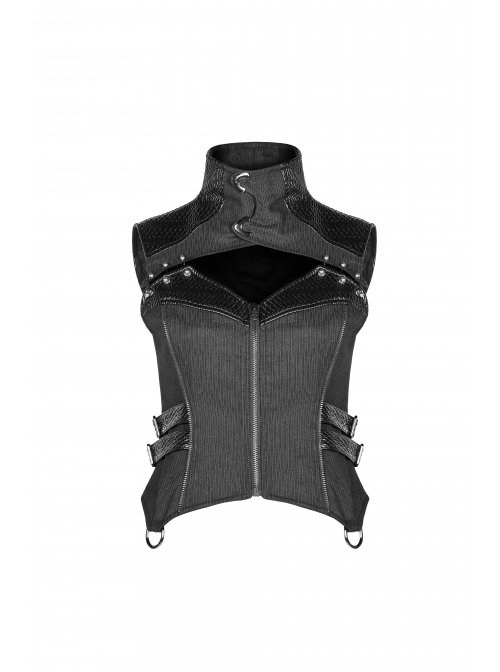 High Collar Front Chest Hollow-Out Barbell Nails Side Metal Buckle Strap Black Punk Vest