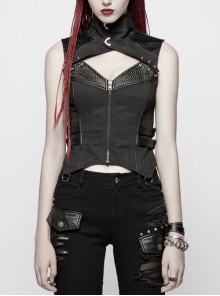 High Collar Front Chest Hollow-Out Barbell Nails Side Metal Buckle Strap Black Punk Vest