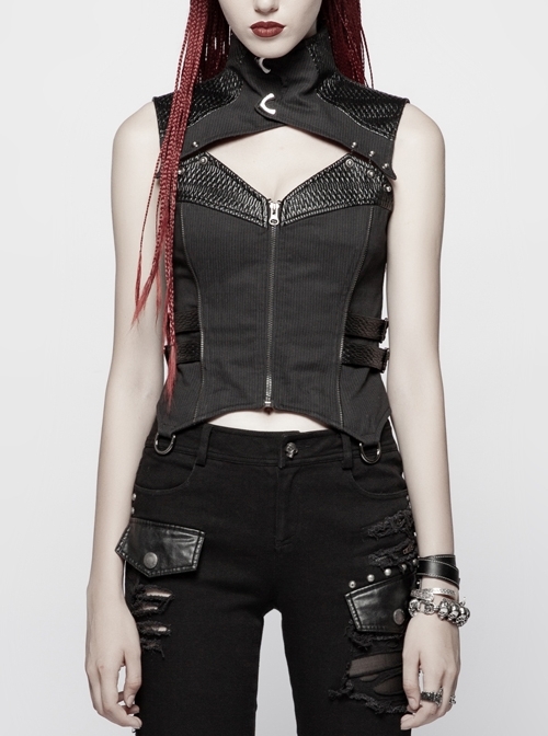 High Collar Front Chest Hollow-Out Barbell Nails Side Metal Buckle Strap Black Punk Vest