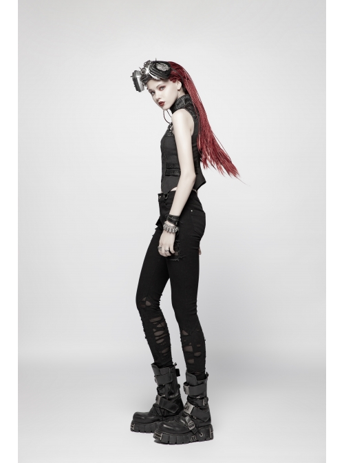 High Collar Front Chest Hollow-Out Barbell Nails Side Metal Buckle Strap Black Punk Vest