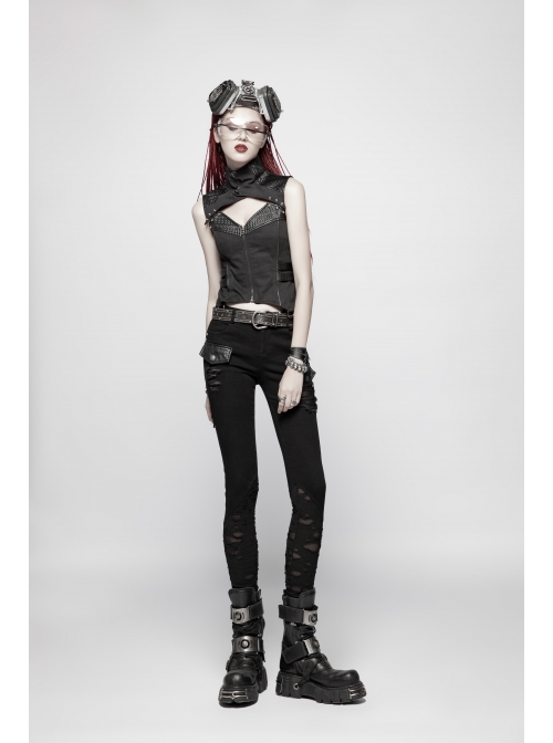 High Collar Front Chest Hollow-Out Barbell Nails Side Metal Buckle Strap Black Punk Vest