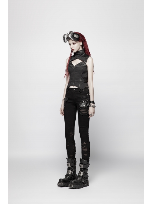 High Collar Front Chest Hollow-Out Barbell Nails Side Metal Buckle Strap Black Punk Vest