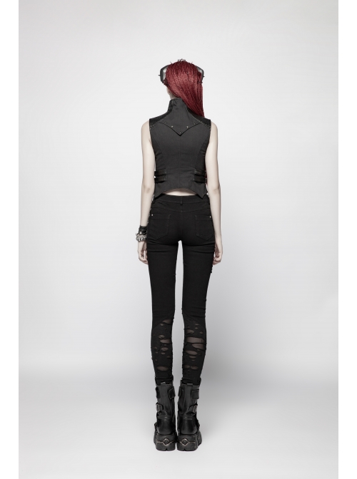 High Collar Front Chest Hollow-Out Barbell Nails Side Metal Buckle Strap Black Punk Vest