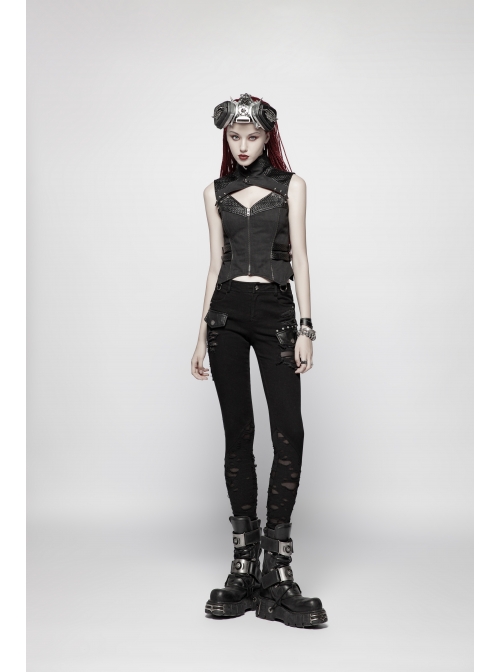 High Collar Front Chest Hollow-Out Barbell Nails Side Metal Buckle Strap Black Punk Vest