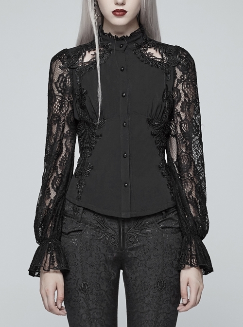 Black Jacquard High Collar Front Stereo Decals Lace Long Sleeve Back Waist Lace-Up Gothic Blouse