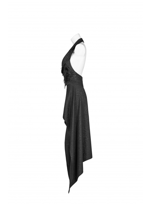 Black Jacquard Waist Solid Flower Decoration Backless Gothic Long Vest