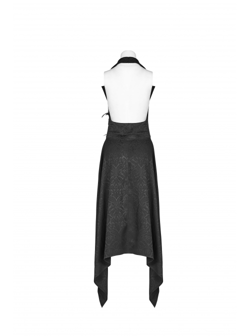 Black Jacquard Waist Solid Flower Decoration Backless Gothic Long Vest