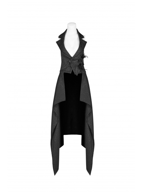 Black Jacquard Waist Solid Flower Decoration Backless Gothic Long Vest