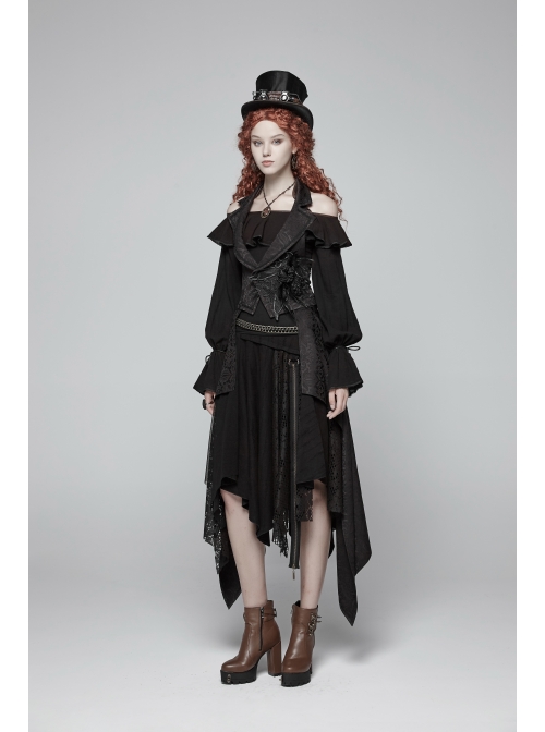 Black Jacquard Waist Solid Flower Decoration Backless Gothic Long Vest