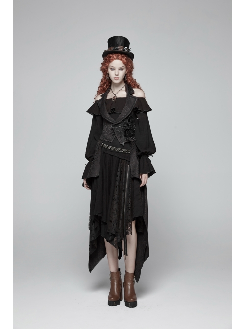 Black Jacquard Waist Solid Flower Decoration Backless Gothic Long Vest