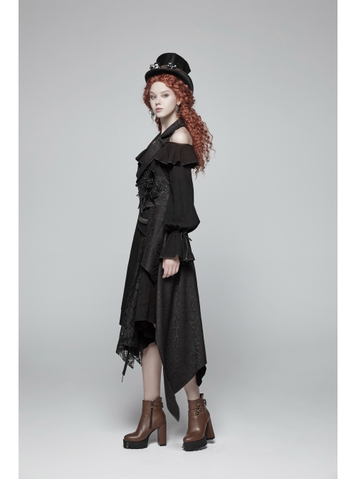Black Jacquard Waist Solid Flower Decoration Backless Gothic Long Vest