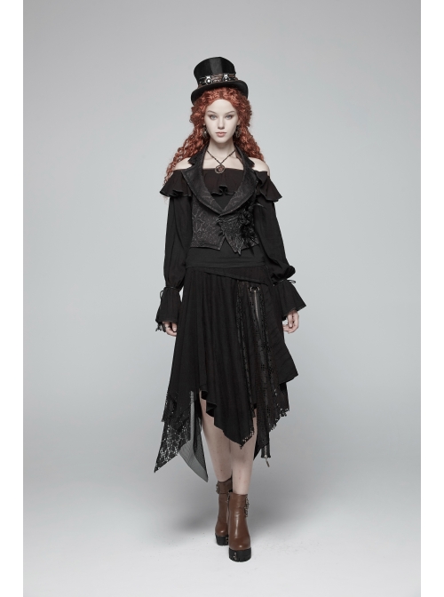 Black Jacquard Waist Solid Flower Decoration Backless Gothic Long Vest