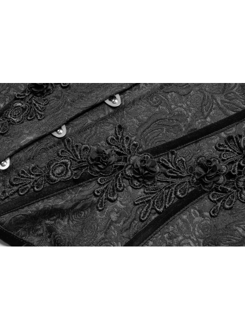 Front Metal Buckle Side Solid Flower Decoration Back Waist Lace-Up Black Jacquard Gothic Corset