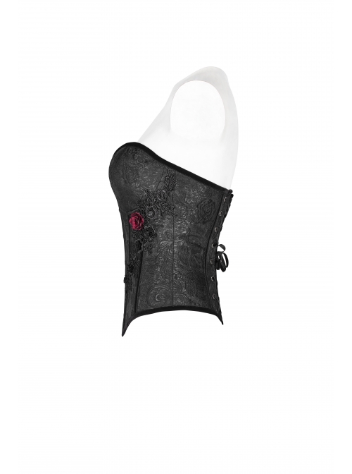Front Metal Buckle Side Solid Flower Decoration Back Waist Lace-Up Black Jacquard Gothic Corset