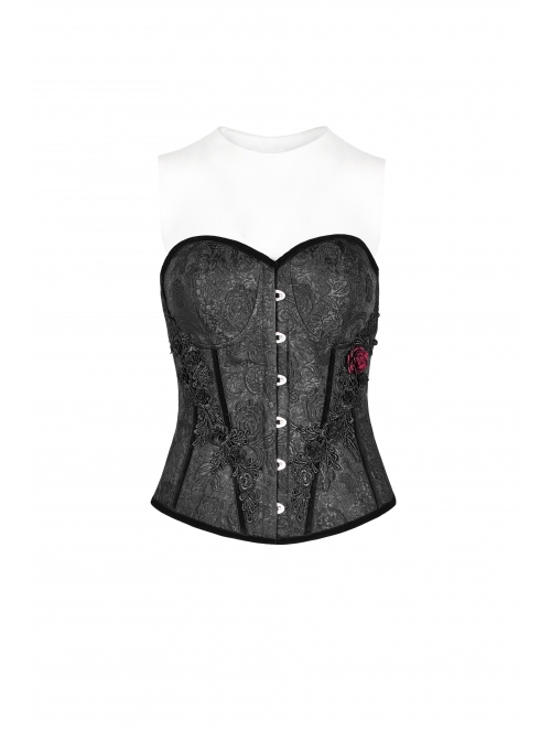 Front Metal Buckle Side Solid Flower Decoration Back Waist Lace-Up Black Jacquard Gothic Corset
