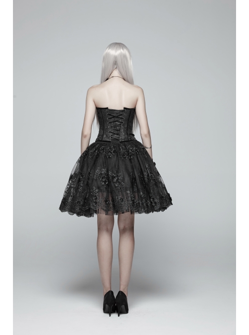 Front Metal Buckle Side Solid Flower Decoration Back Waist Lace-Up Black Jacquard Gothic Corset