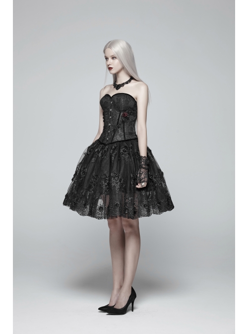 Front Metal Buckle Side Solid Flower Decoration Back Waist Lace-Up Black Jacquard Gothic Corset