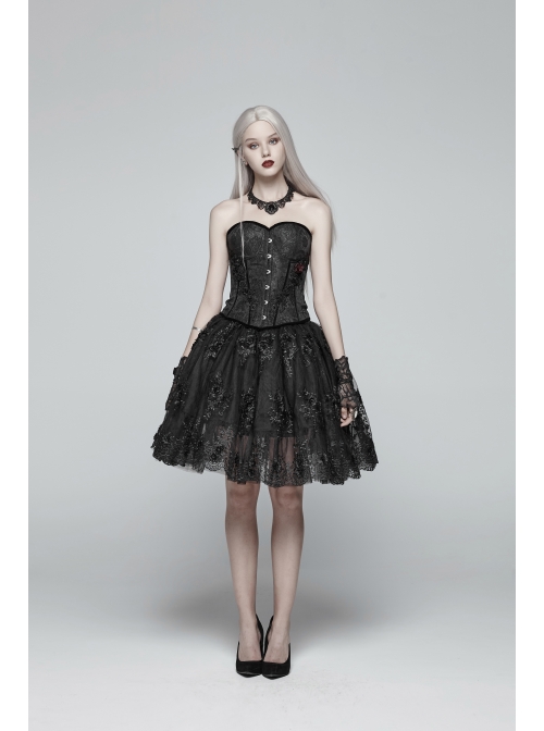 Front Metal Buckle Side Solid Flower Decoration Back Waist Lace-Up Black Jacquard Gothic Corset