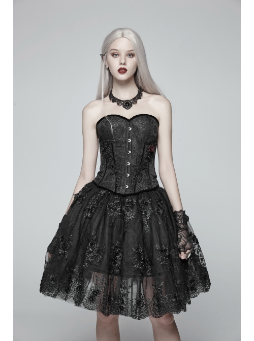 Front Metal Buckle Side Solid Flower Decoration Back Waist Lace-Up Black Jacquard Gothic Corset