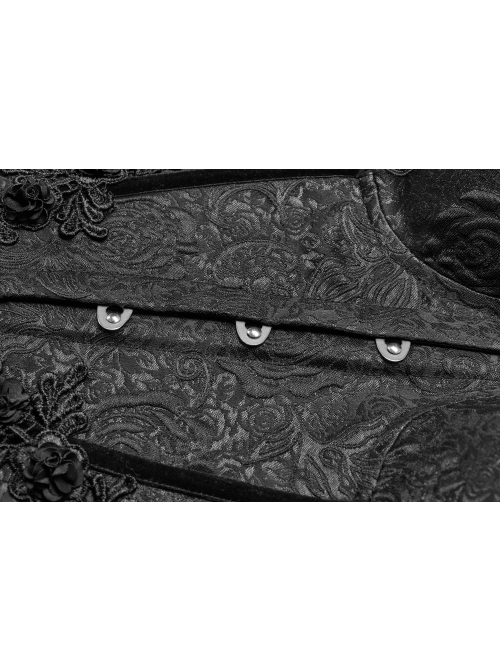 Front Metal Buckle Side Solid Flower Decoration Back Waist Lace-Up Black Jacquard Gothic Corset