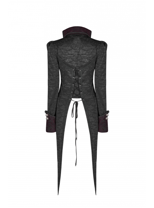 Stand-Up Collar Front Metal Retro Button Back Waist Lace-Up Rear Pendulum Dovetail Black Gothic Coat