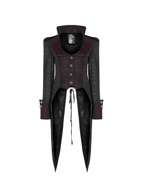 Stand-Up Collar Front Metal Retro Button Back Waist Lace-Up Rear Pendulum Dovetail Black Gothic Coat
