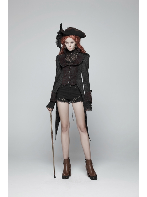 Stand-Up Collar Front Metal Retro Button Back Waist Lace-Up Rear Pendulum Dovetail Black Gothic Coat