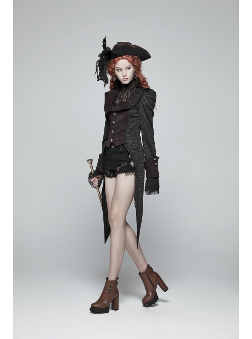 Stand-Up Collar Front Metal Retro Button Back Waist Lace-Up Rear Pendulum Dovetail Black Gothic Coat