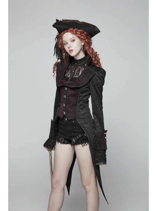 Stand-Up Collar Front Metal Retro Button Back Waist Lace-Up Rear Pendulum Dovetail Black Gothic Coat