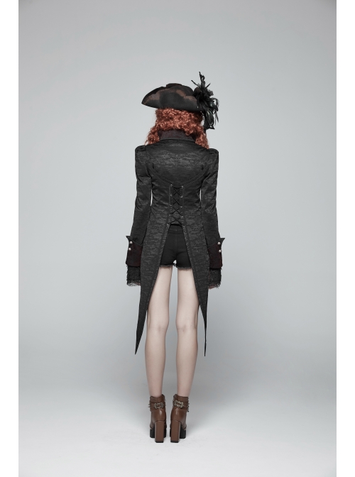 Stand-Up Collar Front Metal Retro Button Back Waist Lace-Up Rear Pendulum Dovetail Black Gothic Coat