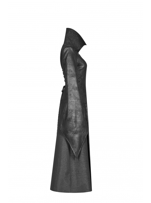 Stand-Up Collar Front Metal Zipper Flare Sleeve Sharp Corner Cuff Back Waist Lace-Up Black Three-Dimensional Bubble Jacquard Gothic Long CoatOther Accessories Are Not Include