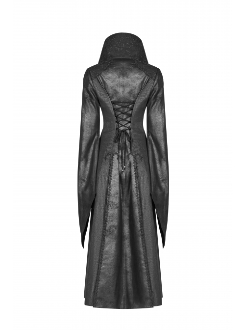 Stand-Up Collar Front Metal Zipper Flare Sleeve Sharp Corner Cuff Back Waist Lace-Up Black Three-Dimensional Bubble Jacquard Gothic Long CoatOther Accessories Are Not Include
