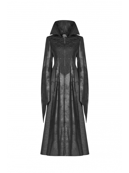 Stand-Up Collar Front Metal Zipper Flare Sleeve Sharp Corner Cuff Back Waist Lace-Up Black Three-Dimensional Bubble Jacquard Gothic Long CoatOther Accessories Are Not Include