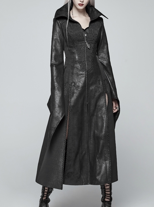 Stand-Up Collar Front Metal Zipper Flare Sleeve Sharp Corner Cuff Back Waist Lace-Up Black Three-Dimensional Bubble Jacquard Gothic Long CoatOther Accessories Are Not Include