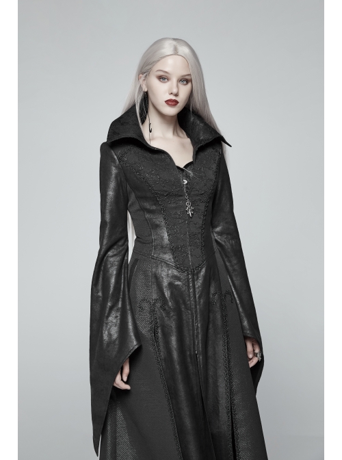 Stand-Up Collar Front Metal Zipper Flare Sleeve Sharp Corner Cuff Back Waist Lace-Up Black Three-Dimensional Bubble Jacquard Gothic Long CoatOther Accessories Are Not Include