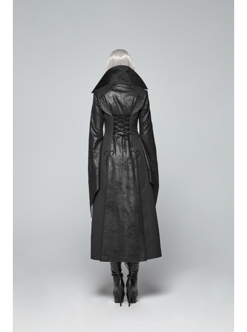 Stand-Up Collar Front Metal Zipper Flare Sleeve Sharp Corner Cuff Back Waist Lace-Up Black Three-Dimensional Bubble Jacquard Gothic Long CoatOther Accessories Are Not Include
