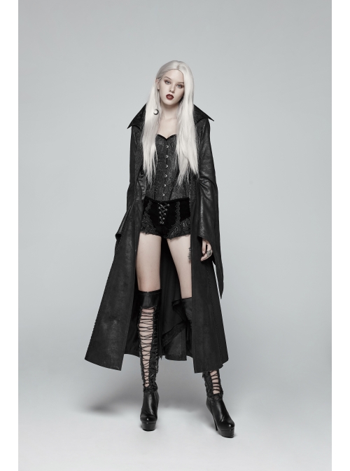 Stand-Up Collar Front Metal Zipper Flare Sleeve Sharp Corner Cuff Back Waist Lace-Up Black Three-Dimensional Bubble Jacquard Gothic Long CoatOther Accessories Are Not Include