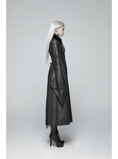 Stand-Up Collar Front Metal Zipper Flare Sleeve Sharp Corner Cuff Back Waist Lace-Up Black Three-Dimensional Bubble Jacquard Gothic Long CoatOther Accessories Are Not Include