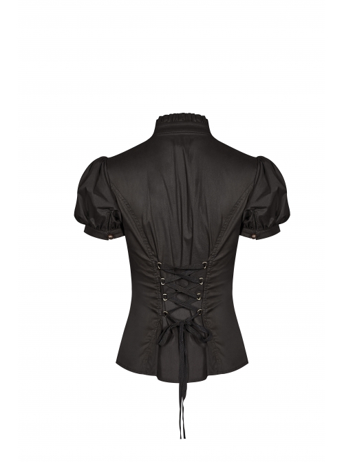 High Collar Front Chest Splice Lace Bubble Sleeve Metal Retro Button Back Waist Lace-Up Black Gothic Blouse