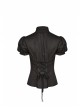 High Collar Front Chest Splice Lace Bubble Sleeve Metal Retro Button Back Waist Lace-Up Black Gothic Blouse