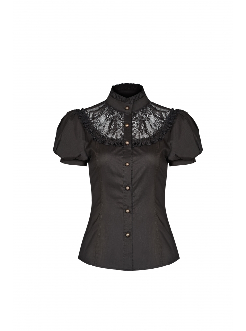 High Collar Front Chest Splice Lace Bubble Sleeve Metal Retro Button Back Waist Lace-Up Black Gothic Blouse